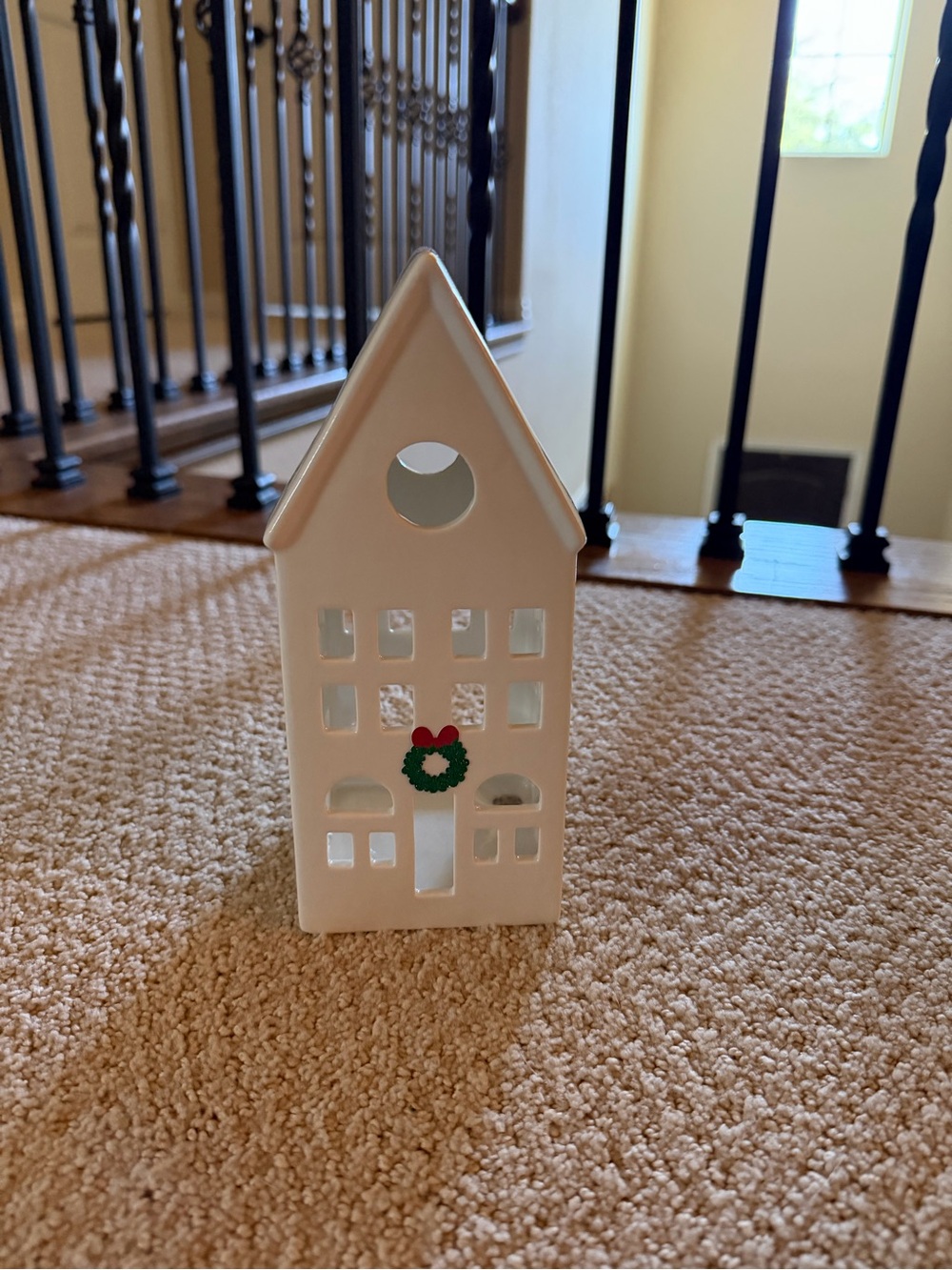 White Ceramic Holiday House Lantern with Festive Wreath Accent